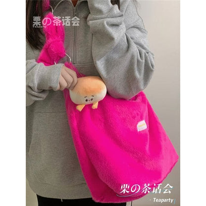 Plain Fluffy Crossbody Bag - With Bun Charm - Rose Pink