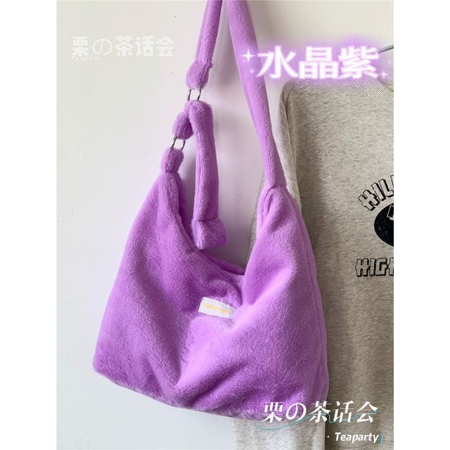 Plain Fluffy Crossbody Bag - Without Charm - Purple