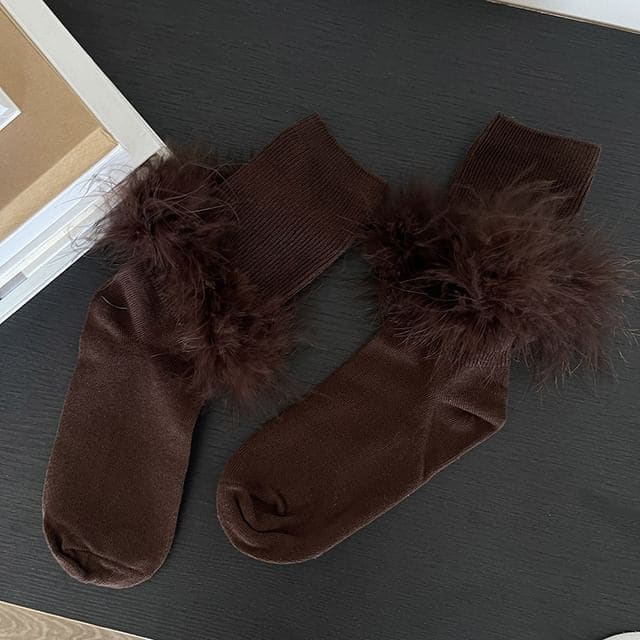 Plain Fluffy Socks - Brown / One Size