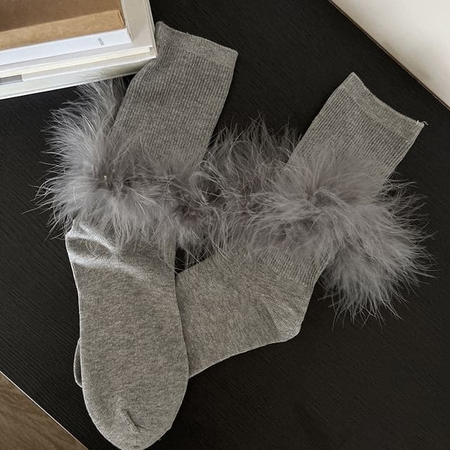 Plain Fluffy Socks - Gray / One Size