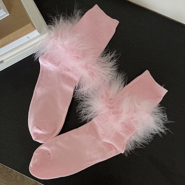 Plain Fluffy Socks - Pink / One Size