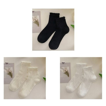 Plain Frill Short Socks Set - 3 Pairs - Black & Milky White