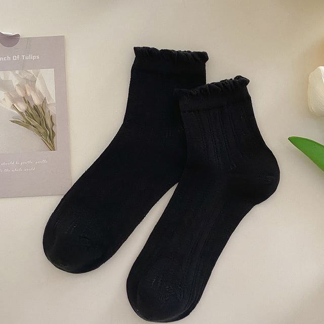 Plain Frill Short Socks Set - 3 Pairs - Black / One Size