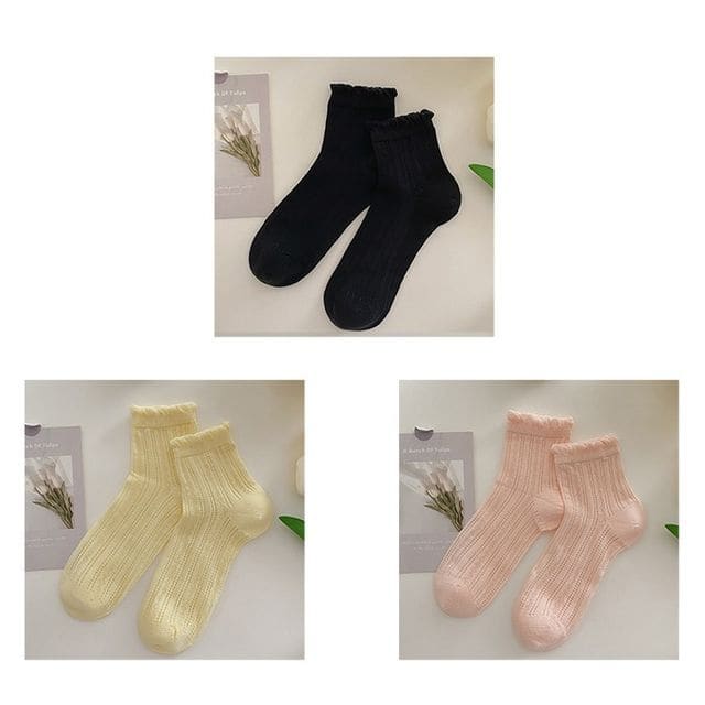 Plain Frill Short Socks Set - 3 Pairs - Black & Yellow &