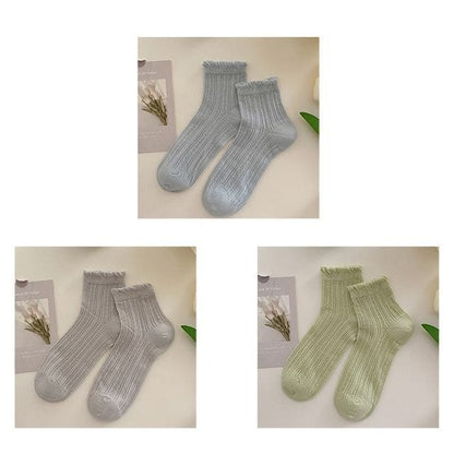 Plain Frill Short Socks Set - 3 Pairs - Blue & Light Gray &