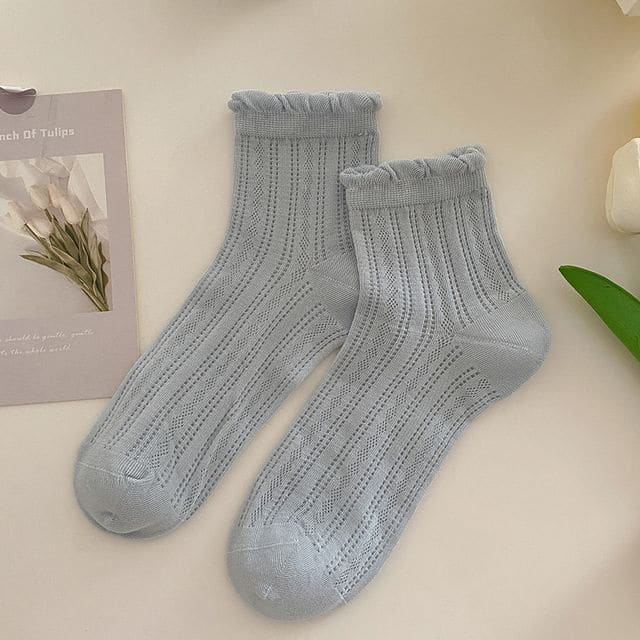 Plain Frill Short Socks Set - 3 Pairs - Blue / One Size