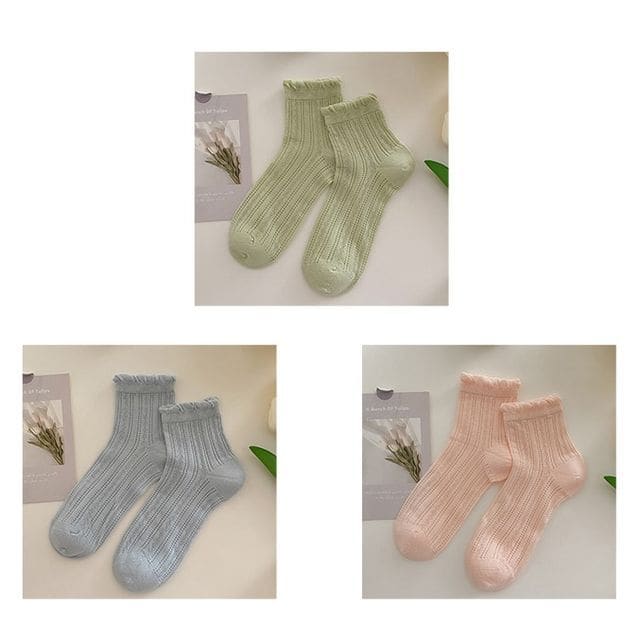 Plain Frill Short Socks Set - 3 Pairs - Green & Blue & Pink