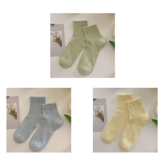 Plain Frill Short Socks Set - 3 Pairs - Green & Blue &