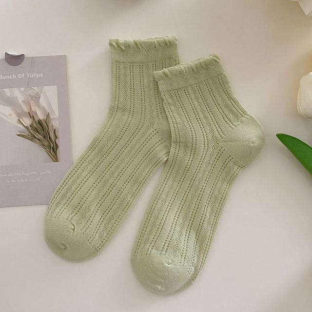 Plain Frill Short Socks Set - 3 Pairs - Green / One Size