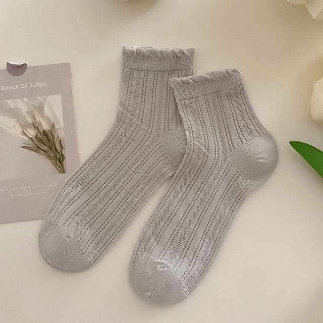 Plain Frill Short Socks Set - 3 Pairs - Light Gray