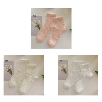 Plain Frill Short Socks Set - 3 Pairs - Pink & Milky White