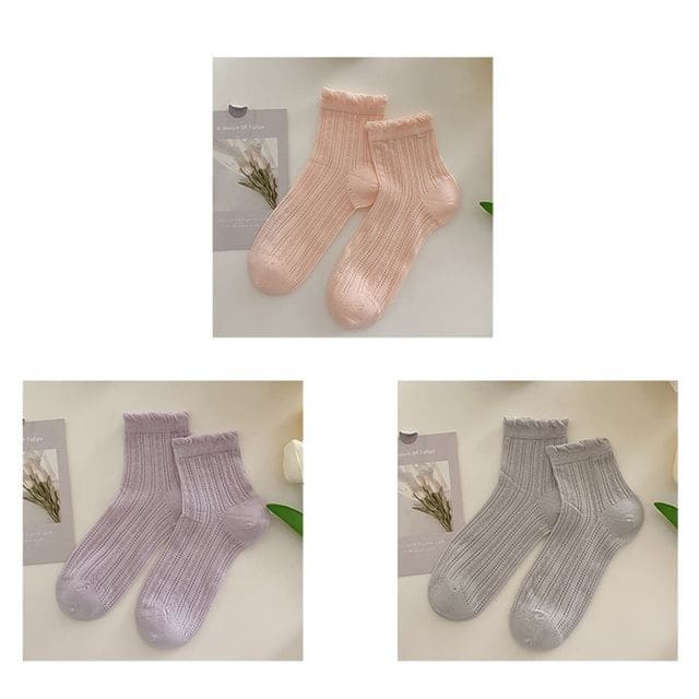 Plain Frill Short Socks Set - 3 Pairs - Pink & Purple &