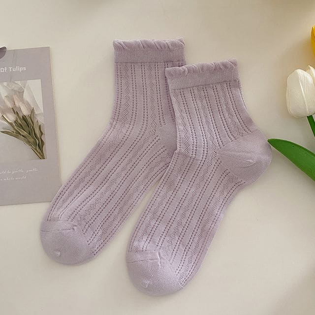 Plain Frill Short Socks Set - 3 Pairs - Purple / One Size