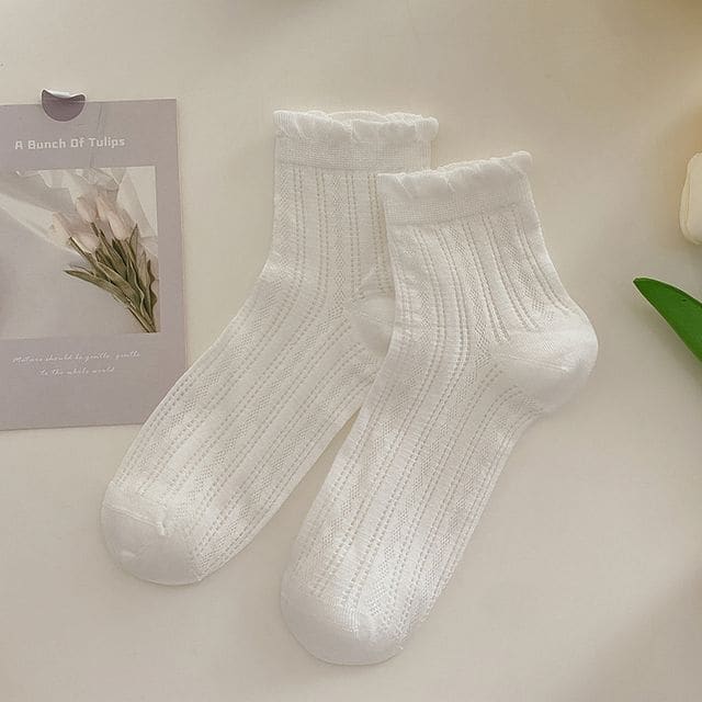 Plain Frill Short Socks Set - 3 Pairs - White / One Size