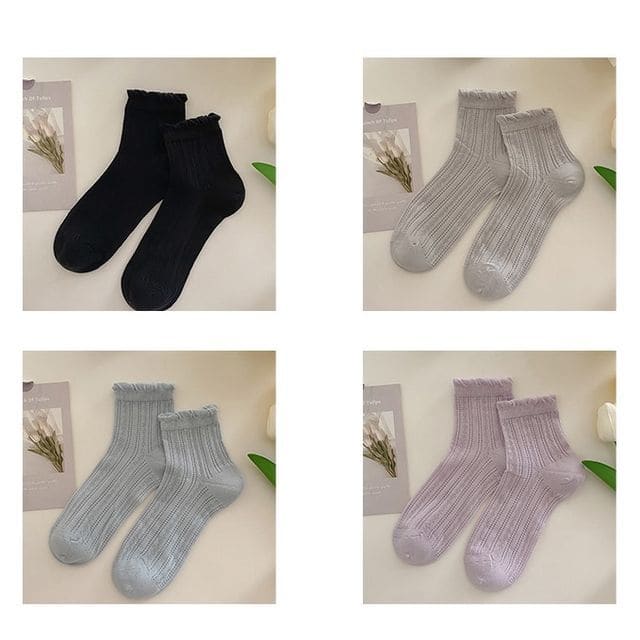 Plain Frill Short Socks Set - 4 Pairs - Black & Light Gray