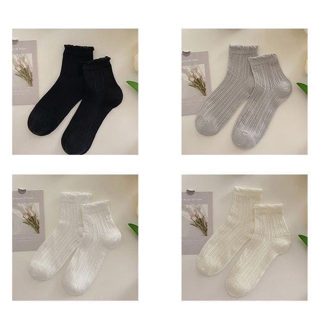 Plain Frill Short Socks Set - 4 Pairs - Black & Light Gray