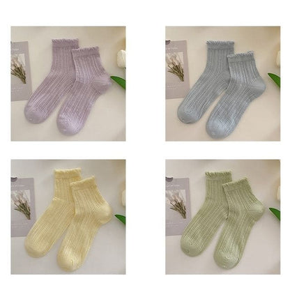 Plain Frill Short Socks Set - 4 Pairs - Purple & Blue &