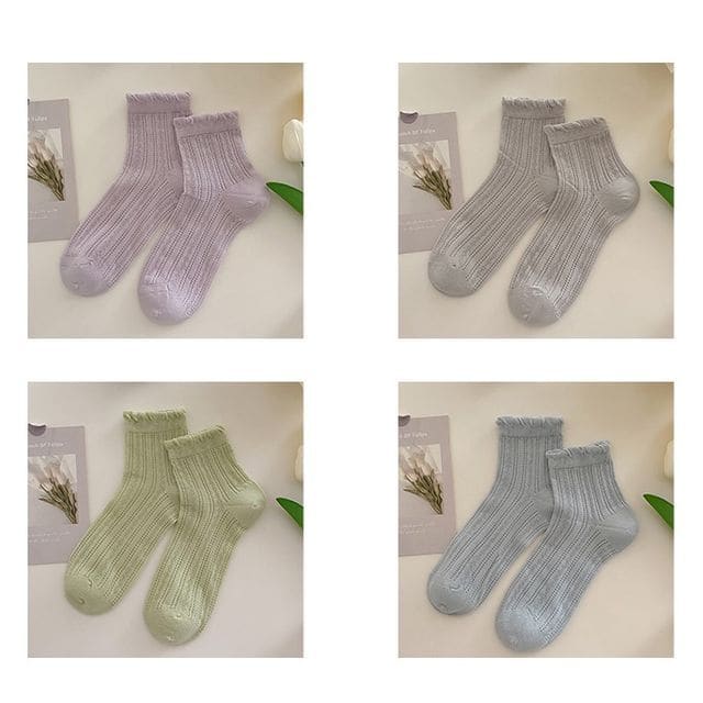 Plain Frill Short Socks Set - 4 Pairs - Purple & Light Gray