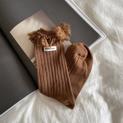 Plain Fringed Socks - Chestnut / One Size