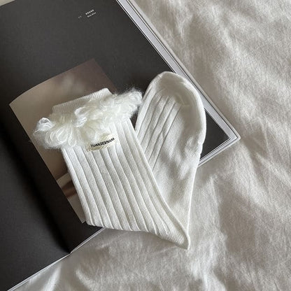 Plain Fringed Socks - White / One Size