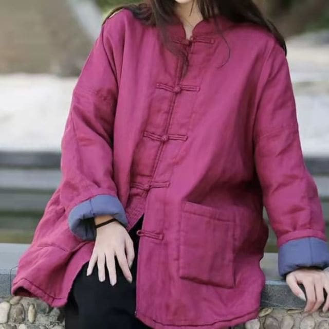 Plain Frog-Button Single-Breasted Jacket - Dark Pink / M