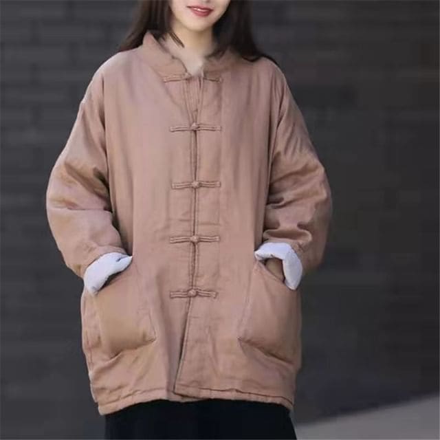 Plain Frog-Button Single-Breasted Jacket - Khaki Brown / M