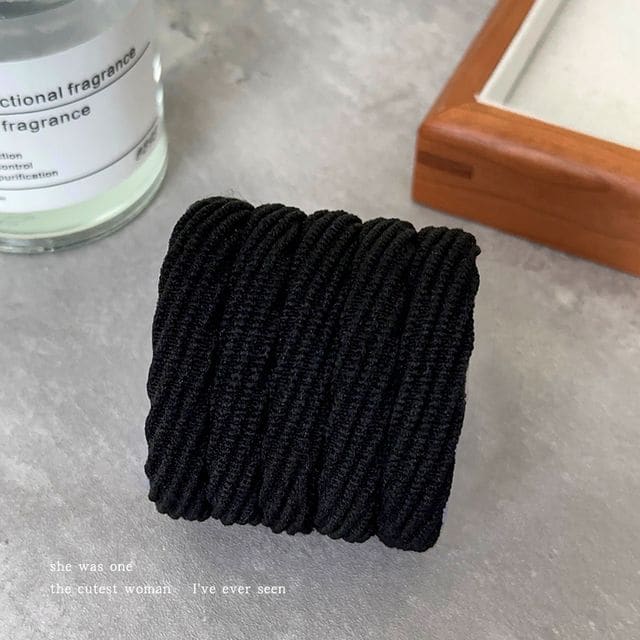 Plain Hair Tie/ Set - Set of 5 - Twill - Black / One Size