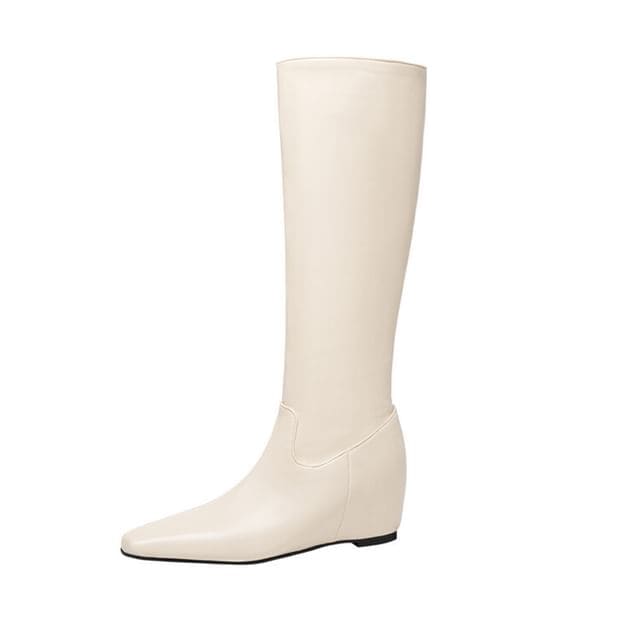 Plain Hidden Wedge Heel Tall Boots - Beige / 34