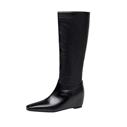 Plain Hidden Wedge Heel Tall Boots - Black / 34