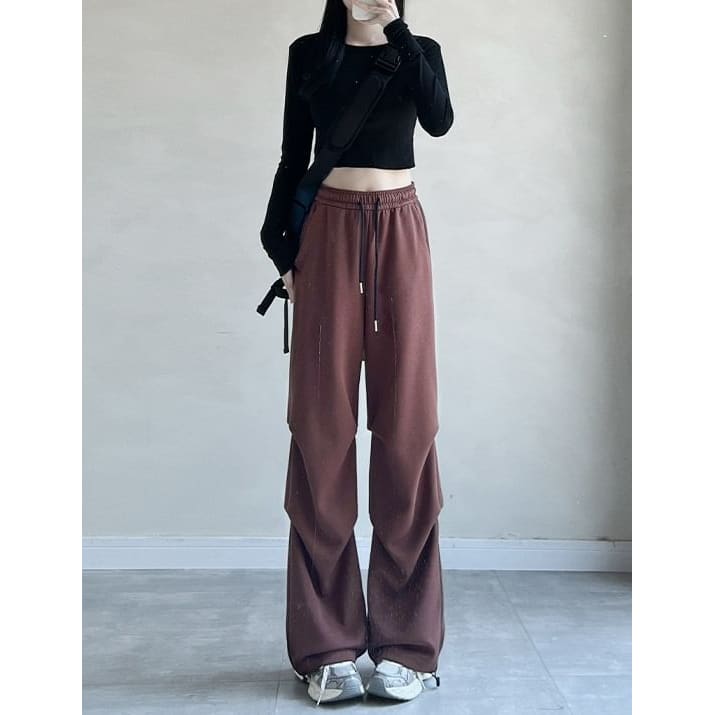 Plain High Rise Drawstring Parachute Wide Leg Sweatpants