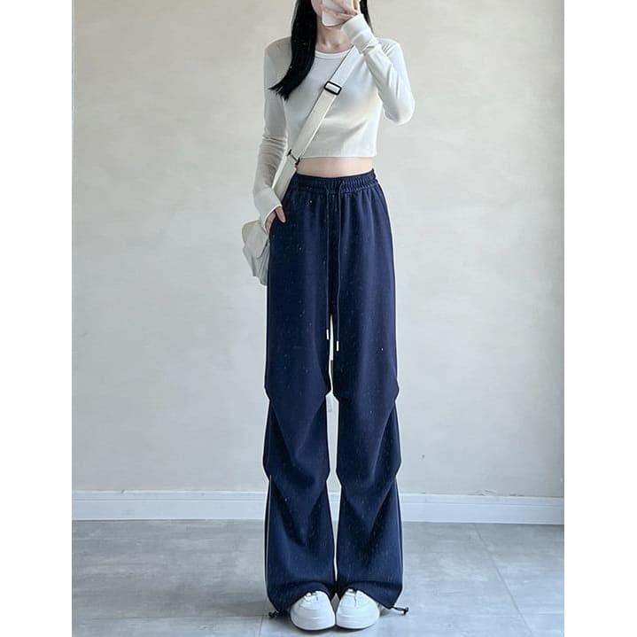 Plain High Rise Drawstring Parachute Wide Leg Sweatpants