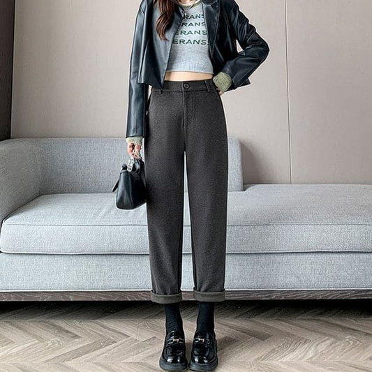 Plain High Rise Straight Cut Crop Knit Dress Pants