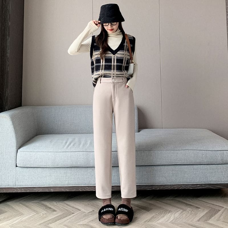 Plain High Rise Straight Cut Crop Knit Dress Pants