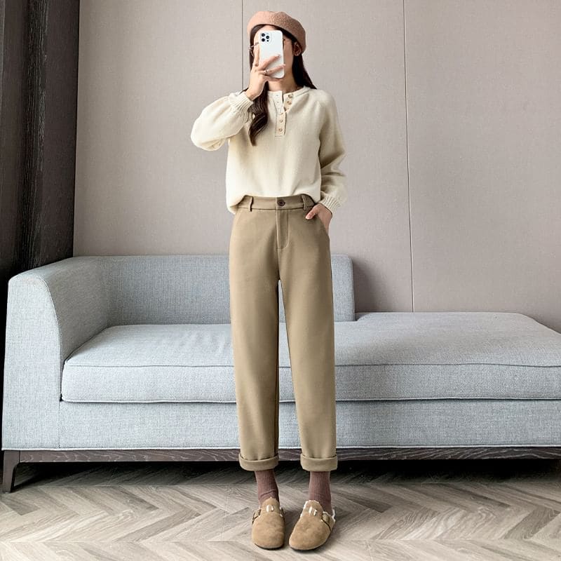 Plain High Rise Straight Cut Crop Knit Dress Pants