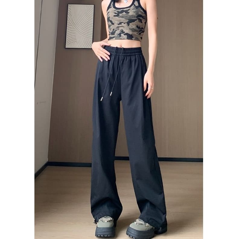 Plain High Waist Drawstring Wide Leg Sweatpants