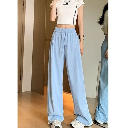 Plain High Waist Drawstring Wide Leg Sweatpants