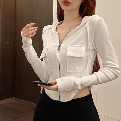 Plain Hooded Crop Zip Jacket - White / S