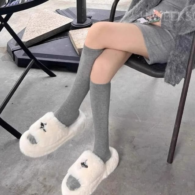 Plain Knee High Socks / Set - 1 Pair - Gray / One Size