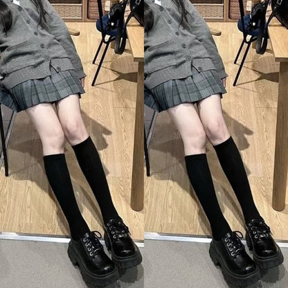 Plain Knee High Socks / Set - 2 Pairs - Black / One Size