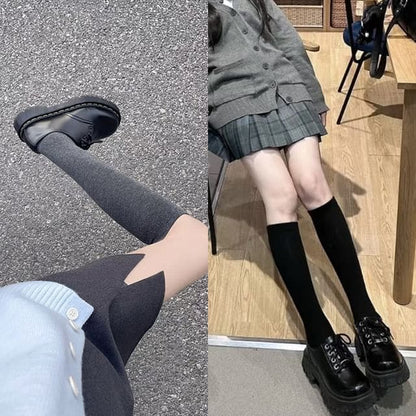 Plain Knee High Socks / Set - 2 Pairs - Dark Gray & Black