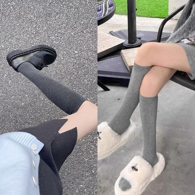 Plain Knee High Socks / Set - 2 Pairs - Dark Gray & Gray