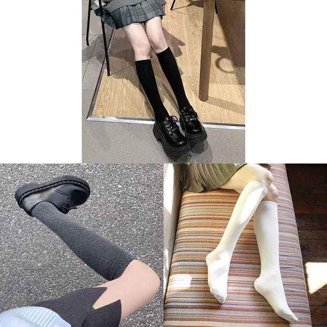 Plain Knee High Socks / Set - 3 Pairs - Black & Dark Gray &