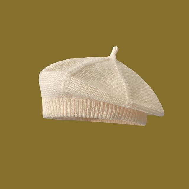 Plain Knit Beret - Beige / One Size