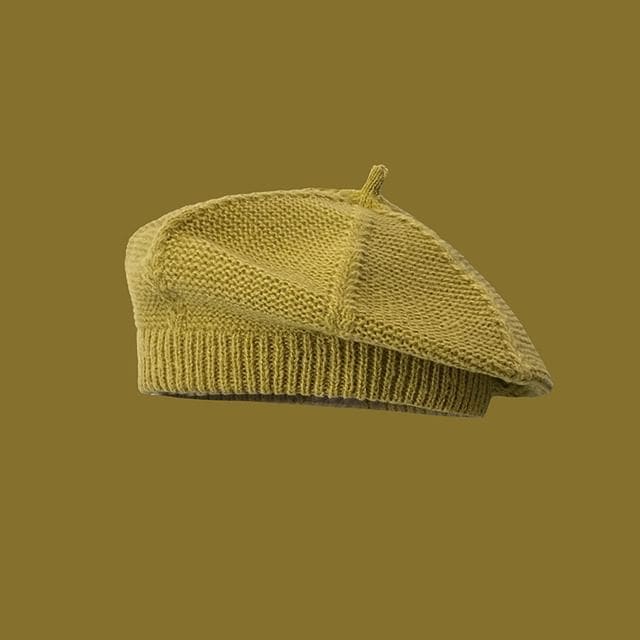 Plain Knit Beret - Green / One Size