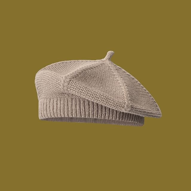 Plain Knit Beret - Khaki / One Size