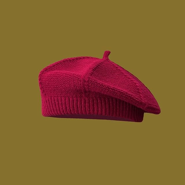 Plain Knit Beret - Wine Red / One Size