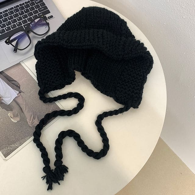 Plain Knit Bonnet Hat - Black / M