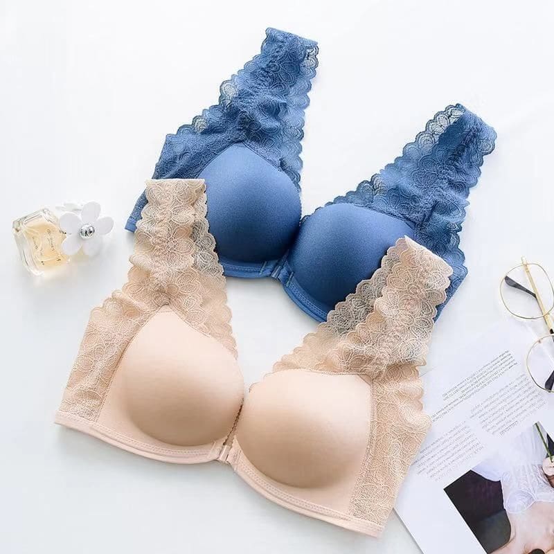 Plain Lace Panel Front Closure Wireless Bra / Panty / Set