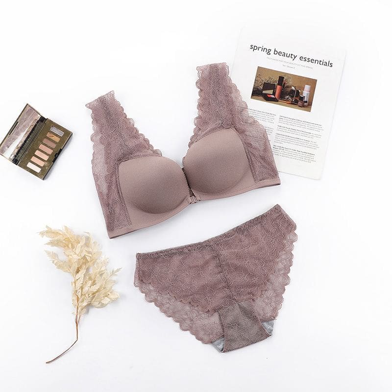 Plain Lace Panel Front Closure Wireless Bra / Panty / Set