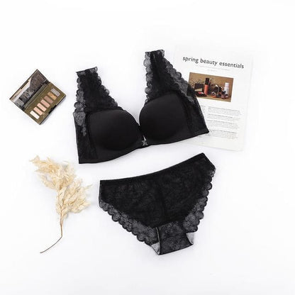 Plain Lace Panel Front Closure Wireless Bra / Panty / Set